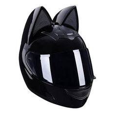 a black helmet with ears on it and a cat's face painted on the side