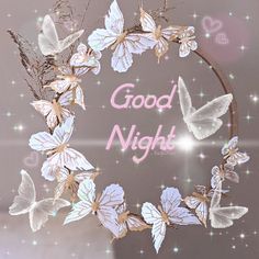 the words good night are surrounded by butterflies