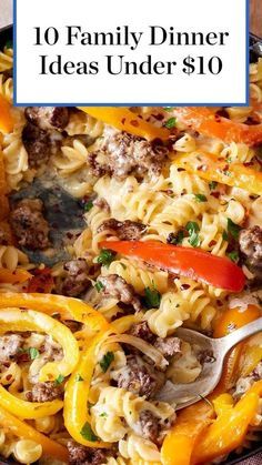 a skillet filled with pasta and peppers