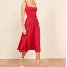 Extra Small Reformation In Lipstick Reformation Christine Dress Red, Red A-line Midi Dress For Brunch, Casual Red Midi Dress For Cocktail, The Reformation, Reformation Dress, Reformation Dresses, Red Dress, Colorful Dresses, Midi Dress