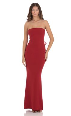 Back Bow Strapless Dress in Red | LUCY IN THE SKY Light Red Dress, Maroon Dresses, Red Prom Dress Long, Prom Dress Inspo, School Dance Dresses, Fitted Gowns, Red Strapless Dress, Strapless Prom Dress, Strapless Prom Dresses