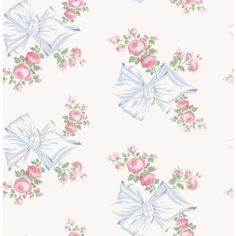 a white wallpaper with pink roses and blue bows on the top, and green leaves on the bottom