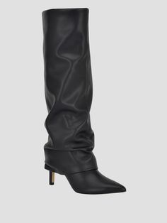 Faux-leather boots Knee-high silhouette Slouchy fold-over design Pull-on Tapered toe 2.95" heel 15.35" shaft height Material: Synthetic Zara Luxury Pointed Toe Boots, Luxury Pointed Toe Knee-high Boots For Party, Puffer Over The Knee Boots, Black Fold Down Boots, Guess Larya Boots, Guess Riding Boots, Guess Boots Outfit, Slouch Boots Outfit, Black Slouchy Boots