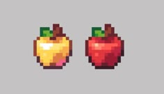 two pixelated apples with different colors and sizes on them, one is red and the other is yellow