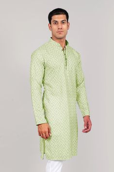 Bluesaanchi Elegantly Casual Light Green Kurta Set  This light green kurta set from Bluesaanchi combines elegance with comfort, perfect for casual outings or festive occasions. Made from high-quality materials, it ensures a stylish yet relaxed fit for all-day wear.  Key Features  Elegant light green color  Breathable fabric for maximum comfort  Stylish design with intricate embroidery  Perfect for casual or semi-formal occasions  Easy to maintain and durable   Specifications  Brand: Bluesaanchi  Color: Light Green  Sizes Available: S, M, L, XL  Fit: Regular  Style: Kurta Set   Material & Care   This kurta set is crafted from 100% cotton, making it soft and comfortable against the skin. For care, it is recommended to:  Hand wash in cold water  Do not bleach  Iron at low temperature  Dry in Designer Wear Pista Green Kurta, Designer Unstitched Pista Green Kurta, Unstitched Pista Green Kurta For Spring, Green Straight Kurta With Resham Embroidery, Green Bollywood Sherwani In Chanderi Fabric, Green Chanderi Bandhgala With Dabka Work, Green Dabka Chanderi Bandhgala, Green Chanderi Bandhgala With Dabka Details, Bollywood Green Chanderi Sherwani