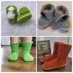 there are four pictures of different crocheted shoes on the floor, one is green and the other is orange