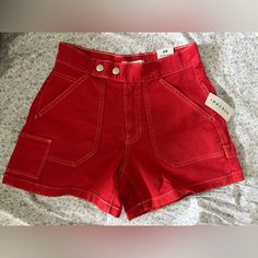 Red Denim Cargo Work Shorts, Big Pockets Casual Red Denim Shorts, Red Cotton Jean Shorts With Pockets, Red Knee-length Shorts With Built-in Shorts, Red High-waisted Relaxed Fit Shorts, Red High-waist Cotton Jean Shorts, Pacsun Shorts, Red High, Work Shorts, Red Shorts