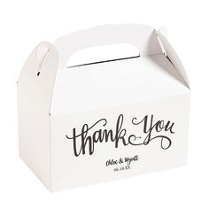 a white box with the words thank you on it and a handle that says,'thank you '