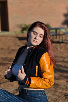 Women Crop top Classic Style Black Wool Orange Genuine Leather Sleeves Varsity Letterman Baseball Jacket Introducing the Custom Letterman Women's Classic Varsity Jacket - a perfect blend of style and comfort with its black wool and green genuine leather sleeves. Perfect for any occasion, this jacket exudes timeless charm and sophistication. Expertly crafted with quality materials, it's a must-have for any fashion-forward individual. If your required Size & Color Combination is not listed then pl Baseball Jacket Women, School Jacket, Women Crop Top, Retro Sports, Leather Sleeves, Leather Sleeve, Baseball Jacket, Jacket Design, Blue Wool