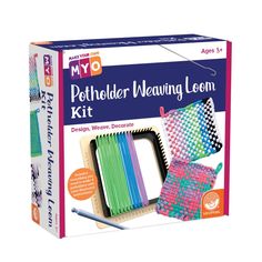 myo potholder weaving loom kit in its box with the contents on display