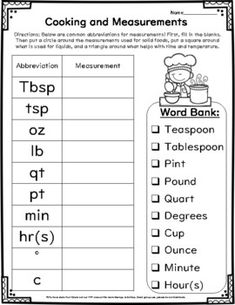 the worksheet for cooking and measurement