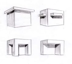 four drawings of different shapes and sizes of objects in the shape of cubes with one door open