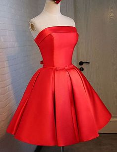 Strapless Red Satin Short Homecoming Dress Elegant Homecoming Dresses, Strapless Homecoming Dresses, Short Red Prom Dresses, Short Satin, Red Homecoming Dresses, Satin Short, Evening Dresses Short, Red Cocktail Dress, Short Homecoming Dress