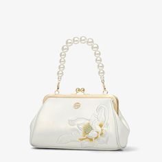 Embroidery Leather Chain Kiss Lock Clutch Bag Lotus Pearl - SinoCultural Cowhide Handbags, Chinese Embroidery, Embroidered Leather, Evening Handbag, Evening Purse, Chinese Clothing, Mobile Phone Bag, Flap Bag, Phone Bag