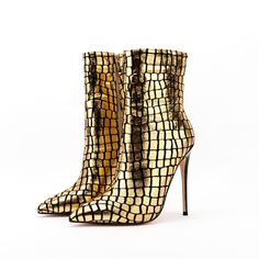 Slither into style in these slinky Snake Print Pointed Stiletto Ankle Boots! Who says shoes can't be fierce? Shaft Material: Microfiber Outsole Material: Rubber Upper Material: Microfiber Season: Winter Insole Material: PU Heel Type: Thin Heels Lining Material: PU Boot Height: Mid-Calf Fit: Fits true to size, take your normal size Closure Type: ZIP Heel Height: 12cm Gold Ankle Boots, Stiletto Ankle Boots, Snake Dress, Popular Boots, Pu Boots, High Heel Dress, Snake Leather, Winter Ankle Boots, Stiletto Boots