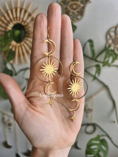 Hello my beautiful soul, I am currently in Thailand. All orders are still being processed as usual and each package will be sent with a tracking number.  If you have any questions, feel free to ask 🌞 Find me on Instagram: @crystalyanajewelry  Length: 3.75 inch = 9.5 cm Width: 1.2 inch = 3 cm Material: Brass, Stainless Steel  These earrings have been handmade by me with a lot of love and care, making them truly unique and one-of-a-kind. They are the perfect gift for anyone who loves the beauty a Mystical Sun And Moon Earrings As Gift, Unique Sun And Moon Design Earrings As Gift, Sun And Moon Design Spiritual Earrings As Gift, Sun And Moon Headband, Dangle Earrings Aesthetic, Moon Headband, Sun Earrings, Earrings Aesthetic, Witchy Jewelry