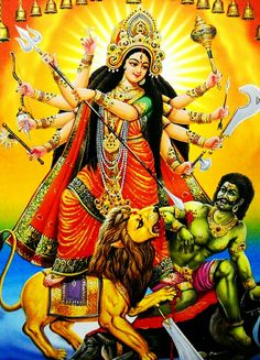 the hindu goddess with her four mains and two lions, surrounded by other animals