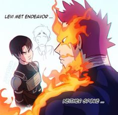 two anime characters facing each other with fire in the background and caption that reads, levi met endeavor nether broke