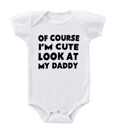 Alright daddies, show them all who your little one gets their cuteness from with this onesie! Includes: Onesie Material: Cotton BlendGender: Boys & GirlsSleeve Length: ShortClosure Type: Covered ButtonPattern Type: LettersCollar: O-NeckSummary: Newborn Baby Toddler Boys Girls Short Sleeve Of Course I'm Cute Look at My Daddy Funny Baby Onesie Onesie Ideas For Grandparents, Onesie Ideas, Cute Onesie, Mommy And Me Dresses, Newborn Boy Clothes, Funny Baby Onesies, Boy Onesie, Funny Mom Shirts, Baby Diaper Bags