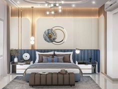 a bedroom with a large bed in the middle and a round mirror on the wall above it