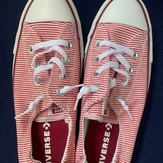 Red And White Striped Chuck Taylor Sneakers. Brand New, Never Worn. Reasonable Offers Welcome! University Red Low-top Sneakers For Spring, Spring University Red Low-top Sneakers, Casual Red Sneakers For Spring, Casual Striped Low-top Sneakers, Casual Striped Sneakers For Spring, Casual University Red Sneakers, Striped Converse, Converse Red, Low Top Sneakers