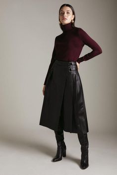 Leather Pleated Buckle Kilt Midi Skirt Leather Midi Pleated Skirt, Black Satin Skirt Outfit Party, A Line Leather Skirt Outfit, Black Midi Leather Skirt, Black Leather Midi Skirt Outfit, Leather Midi Skirt Outfit, Black Leather Pleated Skirt, Black Leather Midi Skirt, Midi Leather Skirt