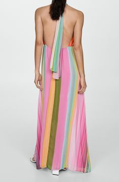 Colorful stripes splash bright energy onto this maxi-length sundress with a stunning open back. Ties at neck Halter neck Adjustable tie straps Lined 100% polyester Machine wash, line dry Made in Turkey Vibrant Summer Maxi Dress For Parties, Vibrant Summer Party Maxi Dress, Summer Party Vibrant Maxi Dress, Multicolor Backless Beachwear Dress, Chic Multicolor Maxi Dress For Beach Cover-up, Multicolor Halter Neck Maxi Dress For Beach Season, Multicolor Halter Neck Dress For Summer Parties, Multicolor Backless Dress For Beach Party, Multicolor Maxi Dress For Summer Parties