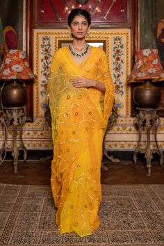 Yellow ombre hand dyed chiffon saree handcrafted with all over Mughal jaal pattern and metallic gota patti intricate hand embroidery. Comes with unstitched blouse piece. - Aza Fashions Traditional Silk Chiffon Saree For Festive Occasions, Festive Silk Chiffon Pre-draped Saree With Sheer Dupatta, Festive Traditional Silk Chiffon Saree, Fusion Style Saree In Georgette With Traditional Drape, Fusion Style Georgette Saree With Dupatta, Festive Fusion Style Georgette Saree, Festive Fusion Style Saree With Sheer Dupatta, Festive Pre-draped Silk Chiffon Saree With Sheer Dupatta, Fusion Style Georgette Dupatta With Traditional Drape