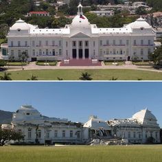 two pictures side by side one has a large white building and the other has a green field