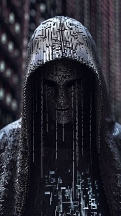 a person with a hooded jacket and head covering over their face in front of a cityscape