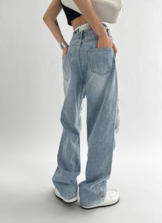 Looking for a stylish and comfortable pair of jeans that will take your street style to the next level? Look no further than our Women's Ripped Wash High Waist Jeans! These cargo pants feature a loose fit and high waist design for a trendy and comfortable look, while the stripe fabric type adds an extra touch of uniqueness. The tassel and hole decorations and washed finish give these jeans a distressed and edgy vibe that's perfect for any fashion-forward woman. Made from a blend of cotton and po Ripped Washed Blue Denim Bottoms, High Waist Ripped Washed Blue Bottoms, High Waist Distressed Denim Blue Cargo Jeans, Baggy High-waist Distressed Cargo Jeans, High-waist Distressed Denim Blue Cargo Jeans, Girl Cool, School Outfit Women, Streetwear Jeans, Denim Decor