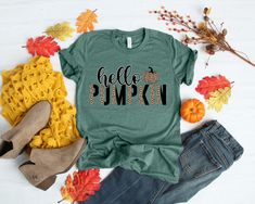 Hello Pumpkin Shirt Fall Vibes Shirt Peace Love Thanksgiving - Etsy Its Fall Yall Shirts, Hello Fall Pumpkin Shirt, Burgandy Thanksgiving Shirts, Fall T-shirt With Sublimation Print In Relaxed Fit, Thanksgiving Graphic Print Cotton T-shirt, Round Neck Shirt, Family Thanksgiving, Heather Green, Pumpkin Shirt