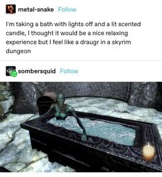 an alien sitting on top of a table in front of a stone wall with text that reads metal - snake follow i'm taking a bath with lights off and at