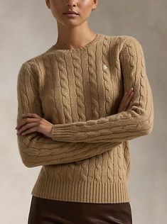 This wool-and-cashmere cable-knit crewneck sweater is designed in a slim silhouette and accented by Ralph Lauren's signature embroidered Pony at the chest. Ralph Lauren Beige Sweater, Preppy Fall Outfits, Preppy Fall, Camel Sweaters, Cotton Jumper, Fall Capsule Wardrobe, Cashmere Jumper, Ralph Lauren Polo Shirts, Womens Cashmere