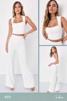 With a chic blazer, leather jacket, or coat, there's no end to how you could style the Lulus Enticing Endeavors White Two-Piece Jumpsuit! This sleeveless jumpsuit is made from stretchy crepe knit with a square neckline and a princess-seamed seamed bodice. The matching bottoms feature a high, banded waist that tops classic, wide pant legs that fall to ankle-length hems. Hidden back zipper. Fit: This garment fits true to size. Length: Floor length. Size medium Inseam: 32.50 Front Rise: 12.25 Bust: Solid Pantsuit For Night Out In Spring, Spring Pantsuit For Night Out, Solid Pantsuit For Spring Night Out, Solid Color Pantsuit For Night Out In Spring, Trendy Spring Pantsuit For Night Out, Fitted Spring Pantsuit For Night Out, Fitted Cropped Pantsuit For Spring, Spring Cropped Fitted Pantsuit, Chic Summer Pantsuit For Date Night