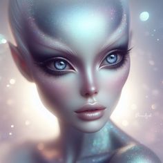 an alien woman with blue eyes and silver makeup