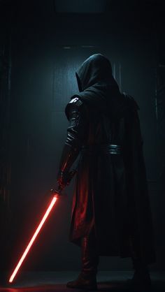 darth vader standing in the dark with his lights on and holding a light saber