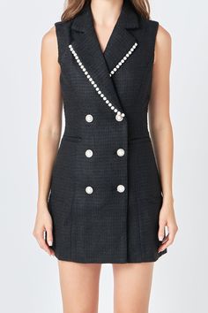 Channel elegance and sophistication with our Pearl Trim Sleeveless Dress. Made with high-quality tweed fabric, this blazer dress will elevate your style instantly. The mini length adds a touch of playfulness, while the collar and lapel add a touch of refinement. But what sets this dress apart is the delicate pearl trim detail that adds a hint of luxury to your outfit. Perfect for any occasion, this dress is a must-have for the fashion-forward woman. Tweed Blazer dress Mini length Collar and lapel Sleeveless Double breast Pearl button Pearl trim detail at lapel Lining Hand wash cold Do not bleach Do not tumble dry Iron low Shell: 100% Polyester Lining: 100% Polyester HN3351D Total length: 33.25" Bust: 35" S Tweed Blazer Dress, Lapel Collar Dress, Capsule Outfits, Knit Bottom, Tweed Dress, Tweed Fabric, Blazer And Shorts, Dress Mini, Tweed Blazer