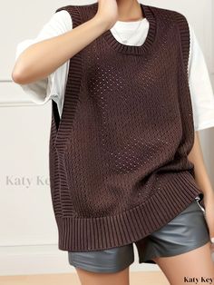 Katykey - Exquisite Womens Pointelle Knit Vest: Premium Quality Sleeveless Loose Sweater with Solid Crew Neck, Ideal for Casual Wear Pointelle Knit, Loose Sweater, Knit Vest, Knit Fabric, Casual Wear, Premium Quality, Fall Winter, Weaving, Crew Neck