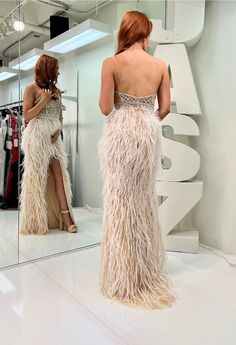 Jasz Couture 7402 Fitted evening gown featuring a feathered skirt and sheer bodice. Jasz Couture Prom Dresses, Jasz Couture, Prom Dress Stores, Prom Dress Styles, 15 Dresses, Prom Gown, Couture Dresses, Fitted Bodice, Flare Skirt