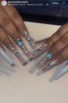 Silver Acyrilics Nails, Big Bling Nails, Xxl Birthday Nails, Long Nail Inspo Baddie Summer, Summer Birthday Nail Ideas, Long Nail Designs Blue, Silver Gem Nails, Blue Bling Nails Rhinestones, Extra Bling Nails