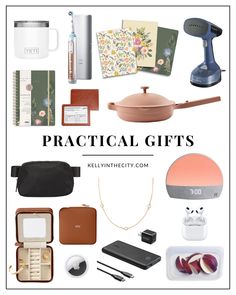 the words practical gifts on top of an image of various items in front of a white background