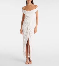 Panther gathered asymmetric maxi dress in white - Vivienne Westwood | Mytheresa Asymmetrical Neckline Ruched Maxi Dress, Pre-draped Asymmetrical Neckline Ruched Maxi Dress, Ruched Maxi Dress With Asymmetrical Neckline, Pre-draped One-shoulder Ruched Maxi Dress, Asymmetrical Maxi Dress Pre-draped, Asymmetrical Ruched Maxi Dress, Ruched Pre-draped Maxi Dress, Pre-draped Ruched Maxi Dress, Floor-length Ruched Maxi Dress With Pre-draped Style