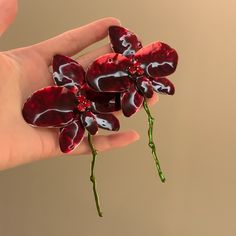 Red Stemmed Flower Earrings| Irene - Red Velvet Red One Size Elegant Red Flower Earrings, Luxury Red Flower Shaped Jewelry, Luxury Red Flower Earrings, Unique Red Flower Earrings, Red Flower-shaped Evening Jewelry, Kpop Earrings, Dumpling Bag, Bubble Bag, Bow Necklace