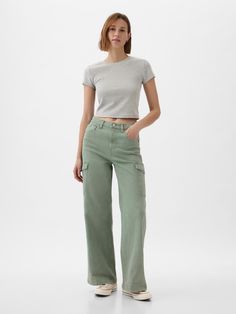 Fit: Fitted in the waist & hips with an ankle-length, relaxed wide leg.  Size down for a slimmer fit.  Fabric: 99% Cotton, 1% Stretch.  Stretch: Low Stretch Jeans.  Our most comfortable authentic denim.  Holds you in at the hips & waist but feels easy everywhere else.  Rise: High Rise Jeans.  Look: A loose cargo jean in a sage green wash.  Details: Zip fly, five-pocket styling, & cargo pockets at sides.  Responsibly Made: This pair of jeans is part of our water-saving Washwell program.  Compared Wide Leg Cargo Jeans, Jeans Look, Ankle Length Jeans, Water Saving, Cargo Jeans, Men Boys, Pocket Jeans, Ankle Jeans, High Rise Jeans