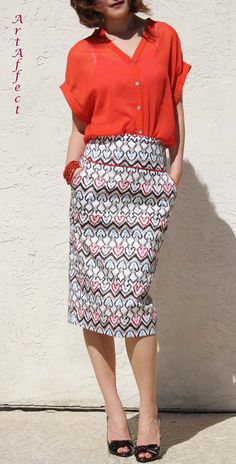 High Waist Pencil Skirt-Repeated heart pattern by artaffect Patterned Lined Skirt, Patterned Fitted Skirt, Multicolor Mini Skirt With Pockets, Pencil Skirt Summer, Summer Midi Skirt, Pencil Cut Skirt, Pocket Heart, Midi Skirts Summer, Skirt Office