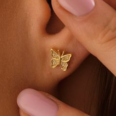 10k 14k 18k Solid Gold Butterfly Stud Earrings, Dainty Single or Pair Stud Animal Earrings, Tiny Butterfly Gold Earrings, Gift For Daughter This item is handmade and produced with 10k 14k 18k solid gold according to your preference. Gold Color : Yellow Gold, White Gold, Rose Gold Gemstone : Cubic Zirconia Earrings size: Heigth : 0.28 inches ( 7 mm ) Width : 0.30 inches ( 7,5 mm ) The item is made to order. We make it ready for shipment within 3 business days. Please contact us using the Ask a Question button regarding this necklace or other personalization requests. Thank you for visiting our shop. We wish you pleasant shopping. Gold Earrings Butterfly, Gold Butterfly Earrings Fine Jewelry, Gold Butterfly Fine Jewelry Earrings, 14k Gold Butterfly Earrings For Gift, 14k Gold Butterfly Earrings For Anniversary, Butterfly Shape Fine Jewelry Earrings For Gift, Butterfly Shaped Fine Jewelry Earrings For Gifts, Yellow Gold Butterfly Earrings For Anniversary, Butterfly-shaped Yellow Gold Anniversary Earrings