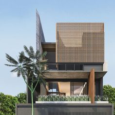 an architectural rendering of a modern house in the middle of a tropical area with palm trees