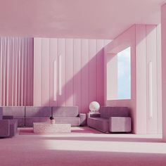 a living room with pink walls and couches in the center, on top of a carpeted floor