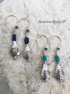 Southwest Turquoise Or Lapis Lazuli Karen Hill Tribe Silver Boho Dangle Earrings